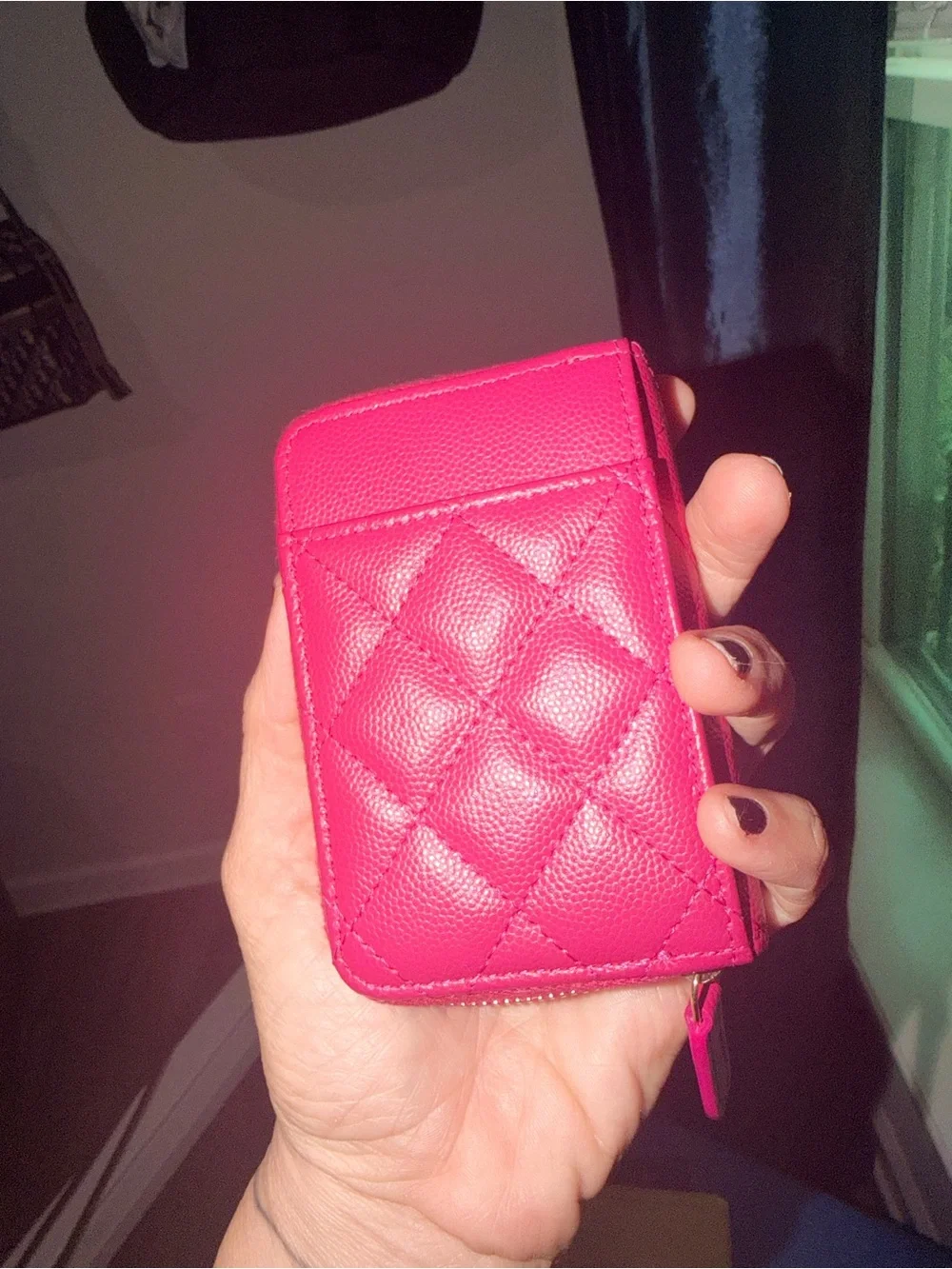 CHANEL Hot Pink Quilted Zip Card Holder